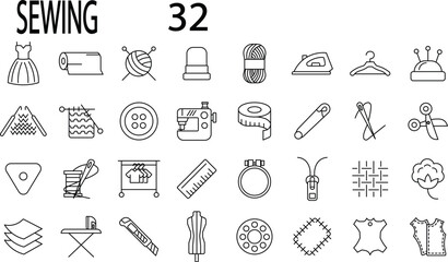 Sewing icon set. Editable stroke. Vector illustration.