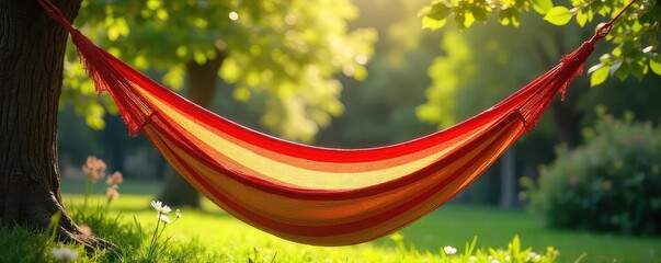 Relaxing summer day, vibrant hammock swaying gently in a sunny garden Perfect for leisure, vacation, and carefree moments , outdoors, nature