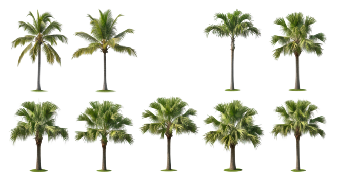 Collection of ten distinct palm tree species, including coconut, fan, and date palms, with vibrant green fronds and clear botanical details, isolated against a transparent background with subtle green