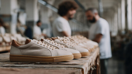 Fototapeta premium modern factory dedicated to producing ecofriendly footwear made from algae is bustling with activity