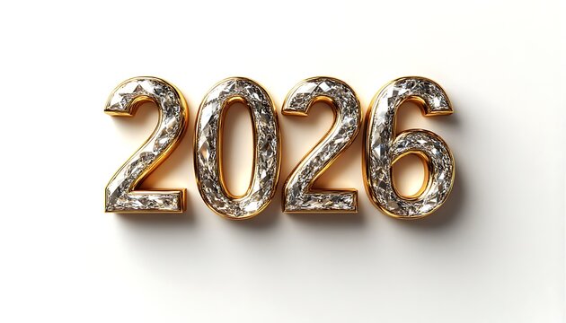 Golden 2026 numbers incrusted with shiny diamonds on a white background celebrating the new year