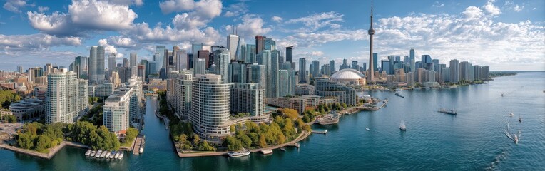 Skyline of Toronto on sunny day, CN Tower and Lake Ontario shoreline prominent, captured from high vantage point, urban landscape, cityscape photography
