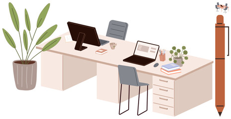 Organized desk setup featuring laptops, monitors, notebooks, pen, and plants. Ideal for productivity, creativity, collaboration, remote work education modern design simple flat metaphor