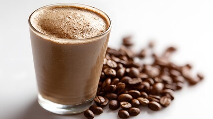 Glass of creamy coffee with roasted coffee beans on white background.