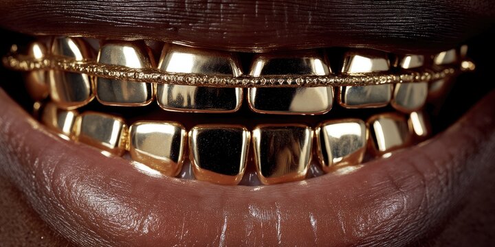 Close-up of gold grills on teeth, teeth smiling, mouth smiling with golden tooth grillz.