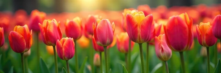 Fototapeta premium Vibrant tulips bursting forth in a profusion of color, signifying the renewal and energy of springtime A breathtaking display of nature's artistry , growth, spring flowers