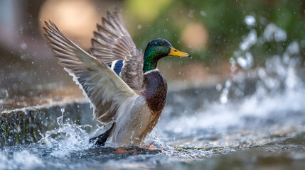 Obraz premium Mallard duck flapping wings in water splashes bird