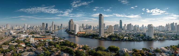 Fototapeta premium The skyline of Bangkok on sunny day, with the Grand Palace, Chao Phraya River prominent, captured from high vantage point. Blue sky with minimal clouds, urban landscape, cityscape photography 