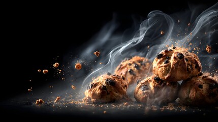 Flying cluster of hot cross buns with crumbs and steam on dark background.