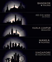 Fototapeta premium Asia cities banners with skylines, cityscapes, landmarks shapes. Horizontal panel style travel vector images pack for Bangkok, Ho Chi Minh, Kuala Lumpur, Manila, Singapore