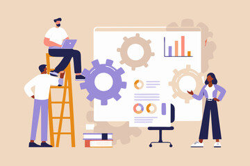 Team collaboration and data analysis with gears and charts