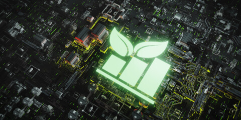 Green growth chart and leaf icon glowing on a futuristic digital circuit Sustainable eco technology