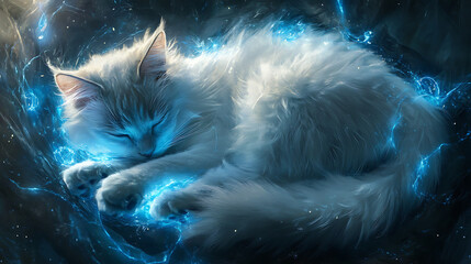 Ragdoll cat with glowing paws and mechanical tail curled in a peaceful pose 