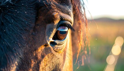 Close-up horse eye at sunset