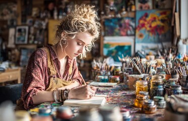 Fototapeta premium Female artist sketching in her messy art studio surrounded by colorful paints and brushes