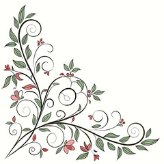 Pink floral vine with green leaves.