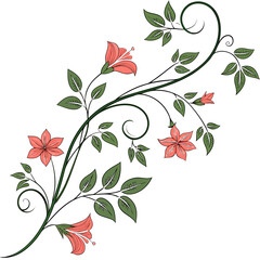 Pink floral vine with green leaves.