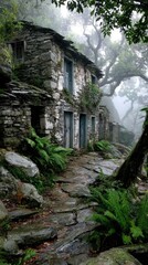 Misty mountain village with weathered stone buildings
