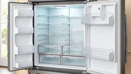 Empty refrigerator interior with adjustable shelves and drawers.