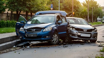 Two damaged cars in a road traffic collision, showcasing the aftermath of an accident on a street with debris scattered around, highlighting the impact of vehicle crashes