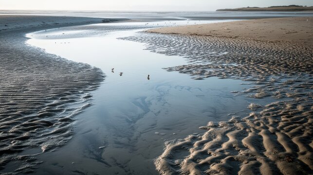 Sandy waterway at low tide, reflecting the light.