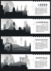 Naklejka premium UK England cities banners with skylines, cityscapes, landmarks. Horizontal travel vector infographic style image pack layout for Leeds, Liverpool, Manchester, Sheffield