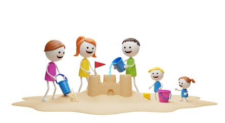 Cartoon family building sandcastle illustration