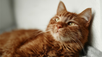 Ginger cat relaxing indoors, bathed in soft natural sunlight, looking up peacefully