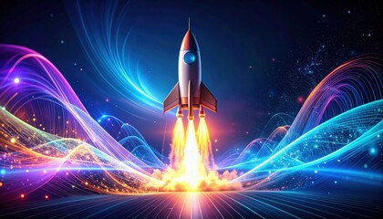 Fototapeta premium A colorful rocket launches amid swirling, vibrant energy waves.