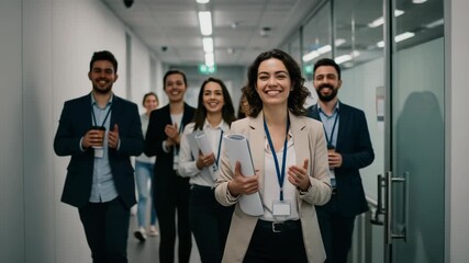 A diverse group of business professionals walking down a modern office corridor, smiling and appearing successful