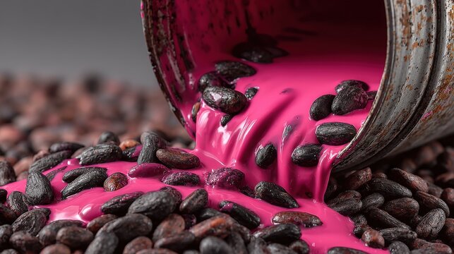 Bright pink drum spilling cypermethrin into organic cocoa beans in Ivory Coast