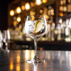 Obraz premium isolated glass of gin tonic cocktail on a silver table in a bar