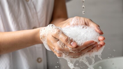 Fototapeta premium Close-up of hands lathered in rich foam from facial cleanser