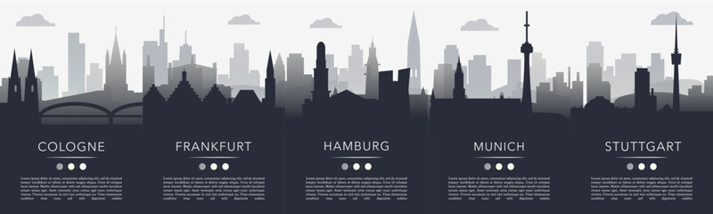 Naklejka premium Germany cities poster pack with copy space, text, skylines, landmarks of Cologne, Frankfurt, Hamburg, Munich, Stuttgart. Vector illustration set. Monochrome travel images