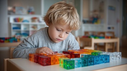 Five-year-old boy with Fragile X syndrome playing with colorful blocks in therapy room