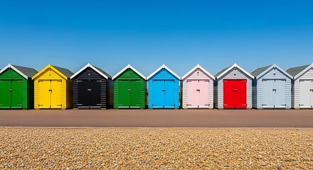 Colorful beach huts lined up under a clear blue sky