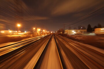 Urban train tracks at night with motion blur effect  
