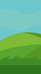 Stylized green rolling hills under a wavy blue sky background