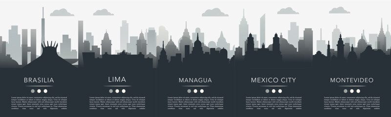 Fototapeta premium Latin America cities gradient poster pack with copy space, text, skylines, landmarks of Brasilia, Lima, Managua, Mexico City, Montevideo. Vector illustration set. Monochrome travel images