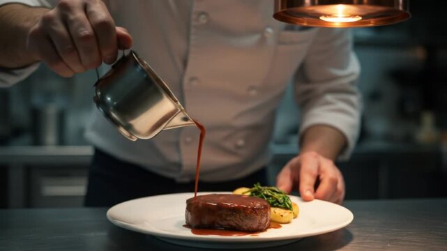 Chef pouring sauce over a perfectly cooked steak on a white plate in a modern restaurant kitchen