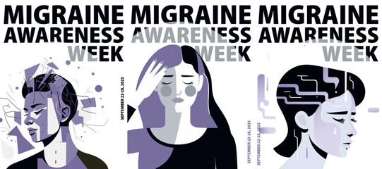 Migraine Awareness Week poster pack. Vector illustrations with female silhouette and headache for campaign, card, event, brochure. Modern templates