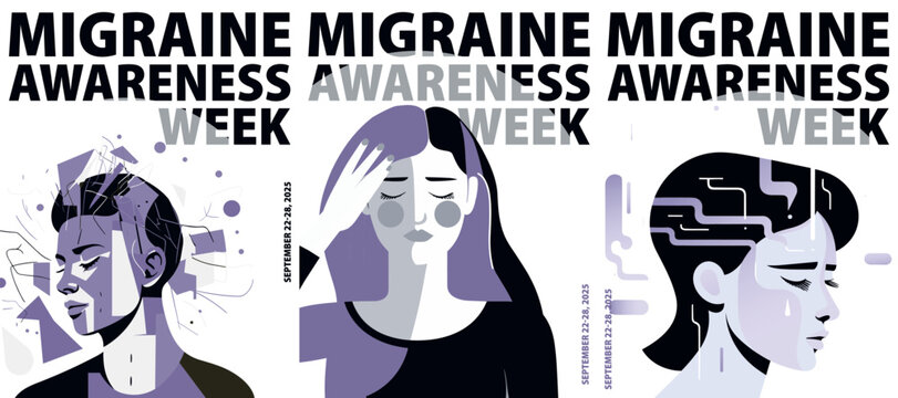 Migraine Awareness Week poster pack. Vector illustrations with female silhouette and headache for campaign, card, event, brochure. Modern templates - Powered by Adobe