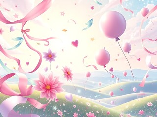 A cheerful, pastel illustration showcases floating pink balloons, ribbons, and flowers over a grassy landscape.