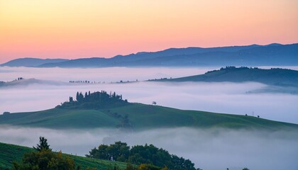 Fototapeta premium Serene Sunrise Over the Rolling Hills of Italy with Mist. Foggy Morning in Tuscany with Farmhouse and Cypress Trees