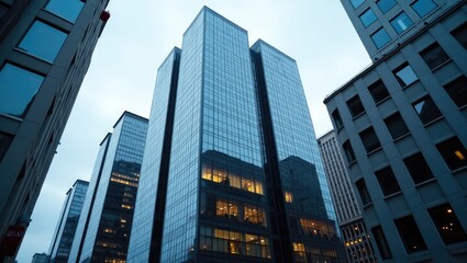 Modern skyscrapers reflecting the city skyline.