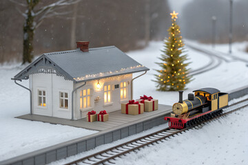 Naklejka premium snow covered house in winter , Miniature Christmas Village with Train and Presents, train in the snow