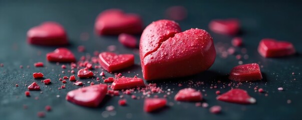 Fototapeta premium A close-up shot of a broken heart-shaped candy, shattered pieces scattered on a dark surface, symbolizing a failed Valentine's Day romance or lost love , candy, fragments, broken
