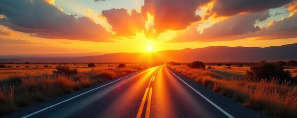 Golden hour light bathes a tranquil road stretching towards a vibrant sunrise, promising a new day's journey Perfect for travel, adventure, and hope themed projects , vibrant, sunlight, sunrise