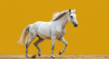 Obraz premium Experience nature through a close-up of a white andalusian spanish pura raza espanola horse running against a yellow background