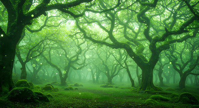 Enchanting verdant woodland with glowing orbs evoking a mystical and serene ambiance